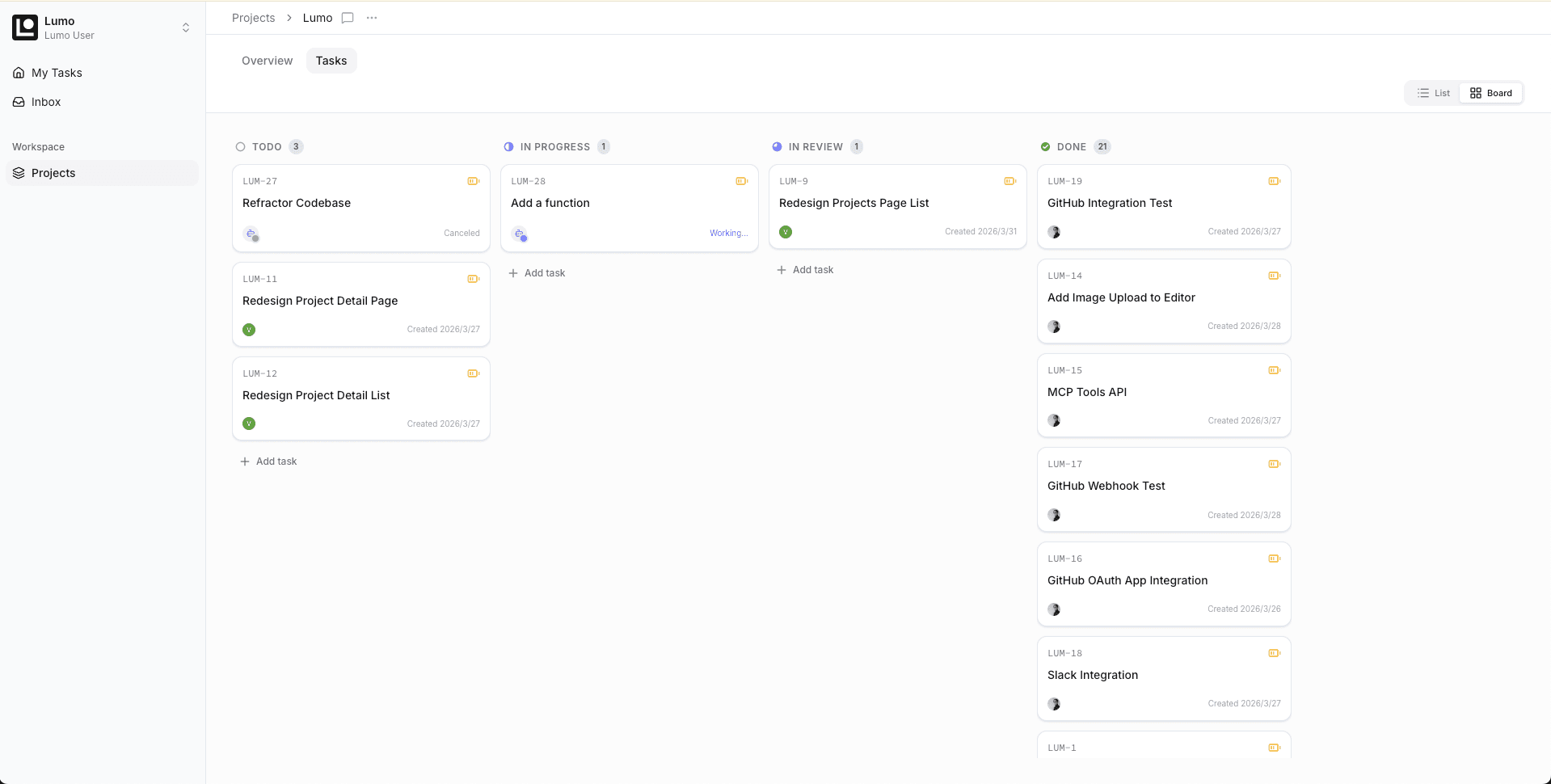 Lumo board view screenshot